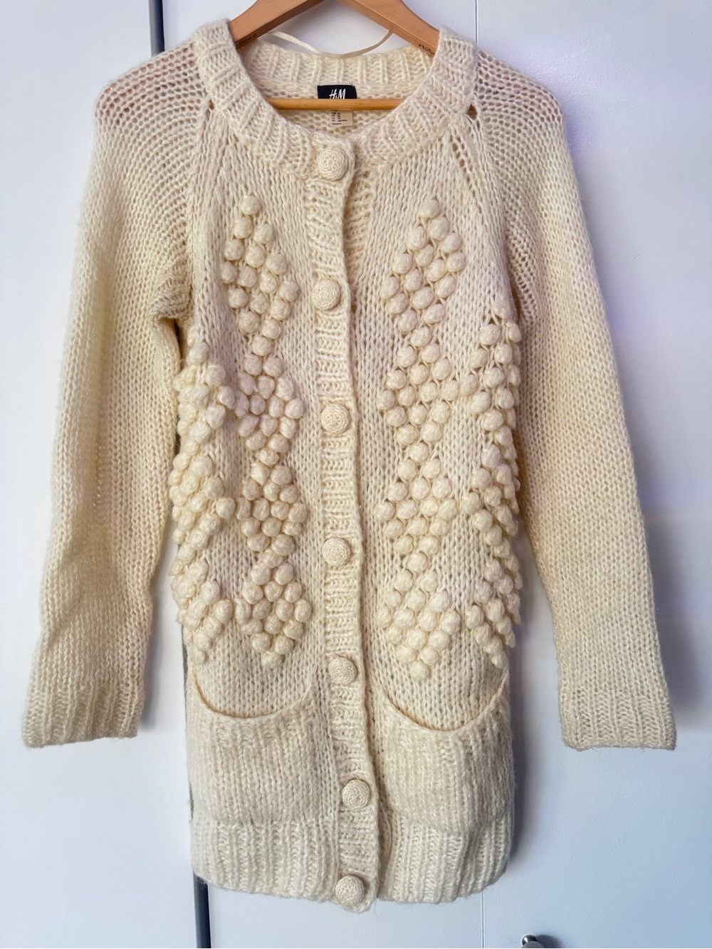 H&M Chunky Knit Mohair Wool Bobble Cardigan Sweater Cream White XS Craft Flaw